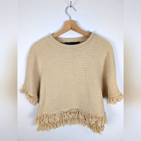 Zara Woman Neutral Woven Cropped Fringe Short Sleeve Shirt Women's size 5 - Picture 1 of 4